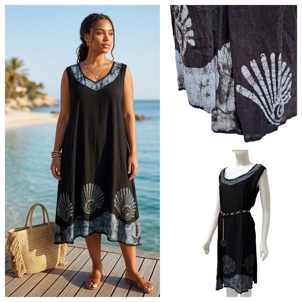 New Black Batik Shell Motif 2X Resort SunDress Gauzy Coverup Artsy Plus Size NWT